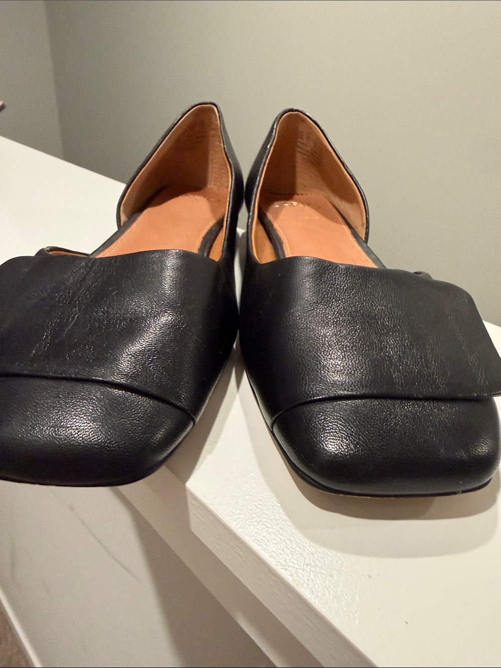 Black Leather Square-Toe SARTO Flats US 10 square heel cut out side A-TRACY SHOE - Picture 4 of 8